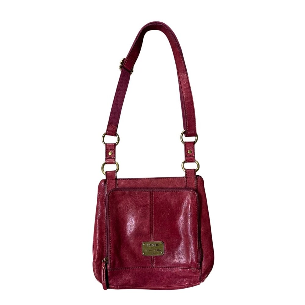 Fossil Red Leather Crossbody Purse 1954 Adjustable Strap Brass Accents READ - Picture 2 of 15